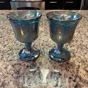 Vtg Indiana Blue Harvest Iridescent Grape Carnival Glass Goblets Set of 2